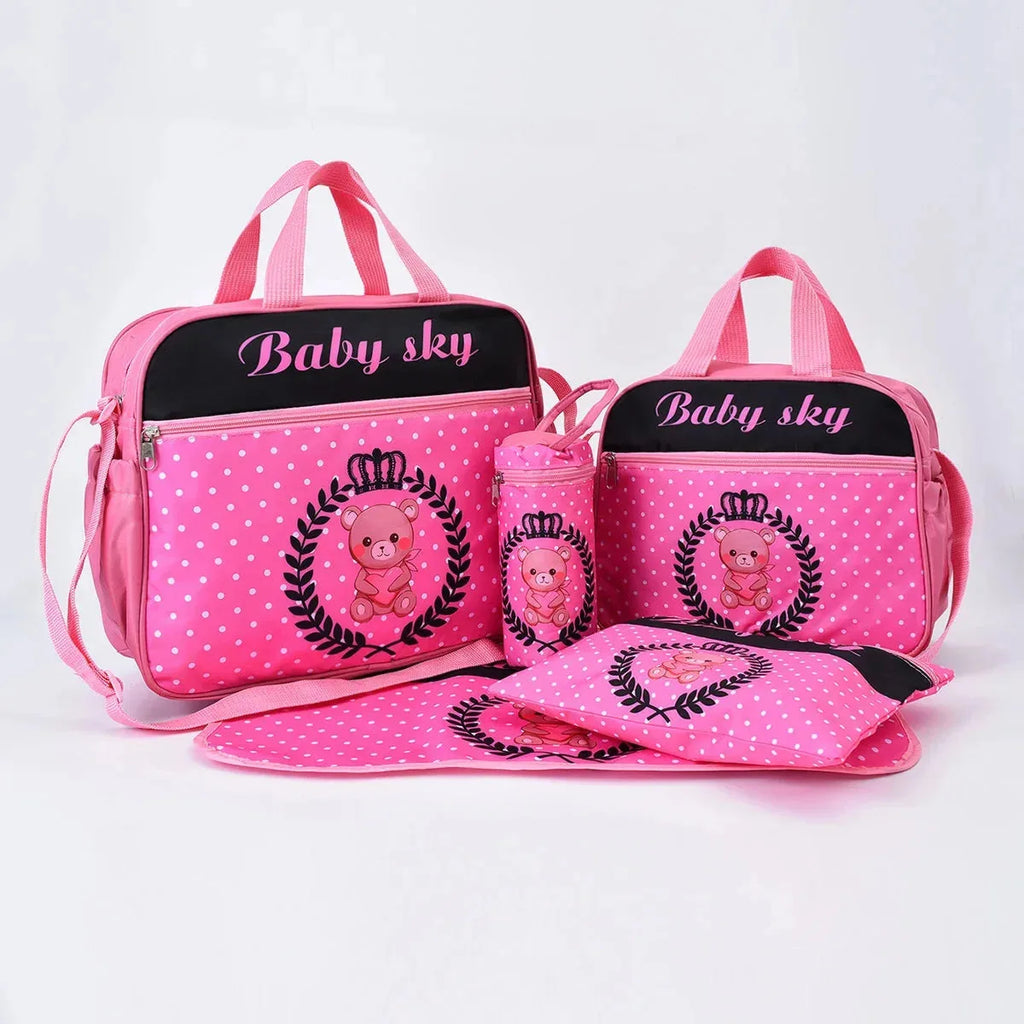 Large nylon bear print mommy diaper bag from Nova Mart with multiple compartments and crossbody strap in a 5-piece set.