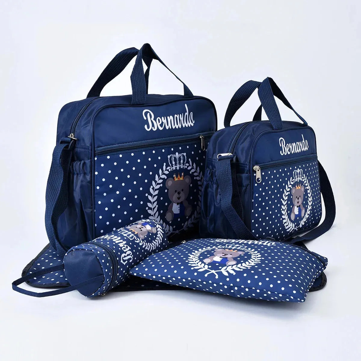 Large nylon diaper bag from Nova Mart with bear print, includes mommy bag and four accessories, crossbody style for moms.