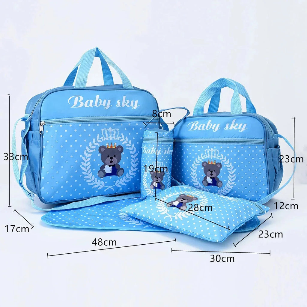 Large nylon diaper bag with bear print from Nova Mart, featuring multiple compartments and a crossbody strap for moms.