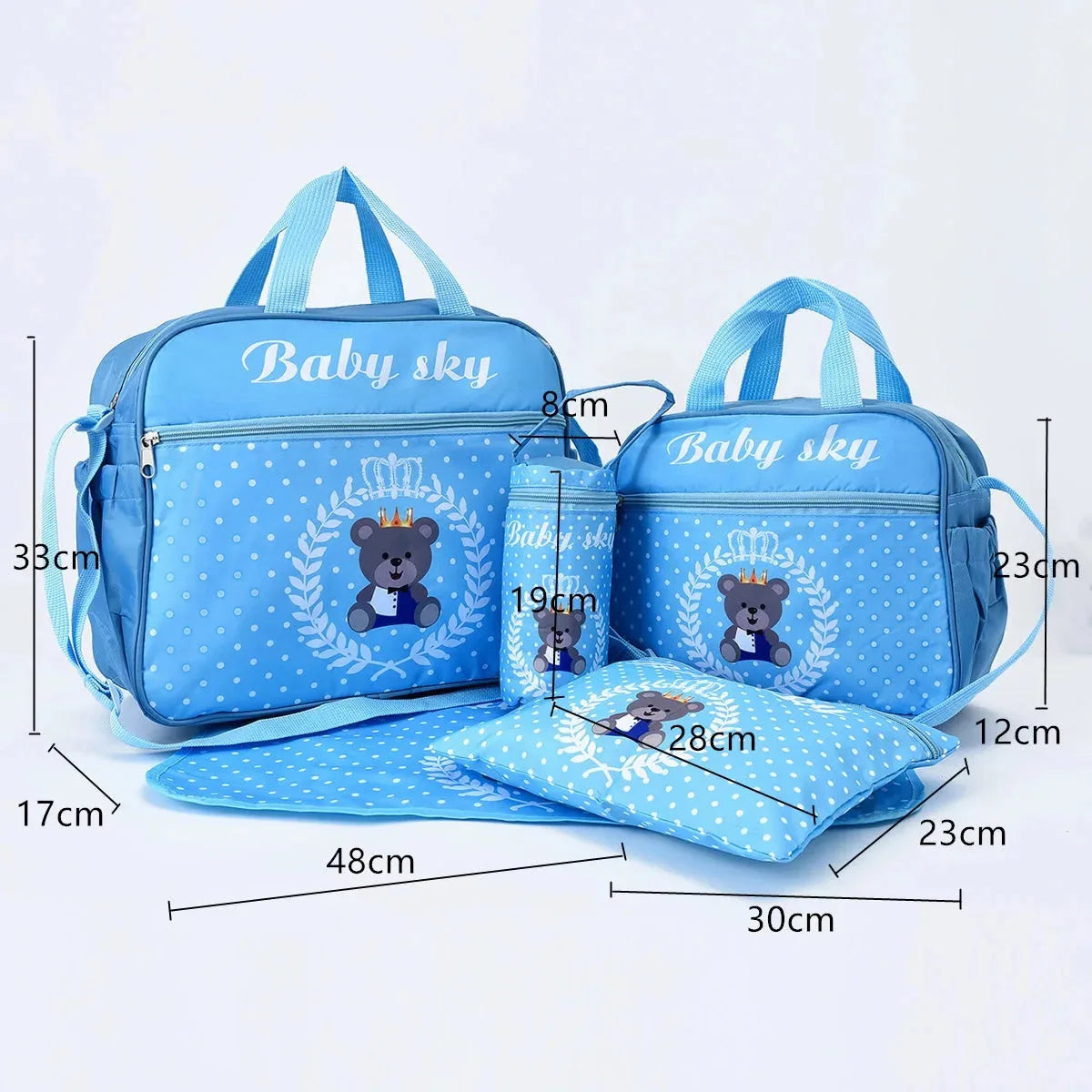 Large nylon diaper bag with bear print from Nova Mart, featuring multiple compartments and a crossbody strap for moms.