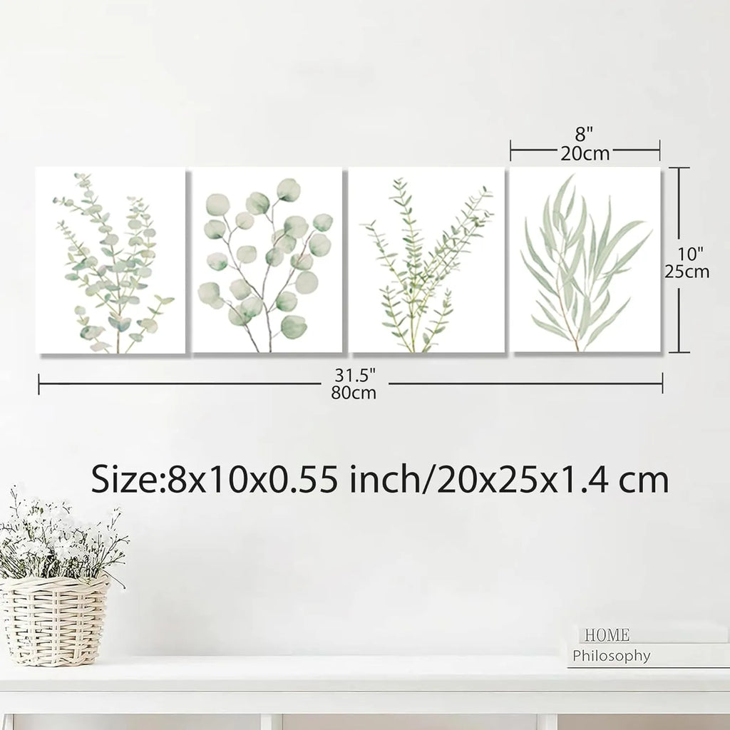 Set of four botanical plant canvas wall art prints in boho style, framed home decor by Nova Mart, 8x10 inches each.