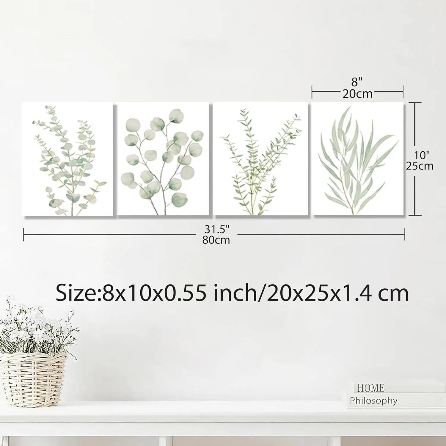 Set of four botanical plant canvas wall art prints in boho style, framed home decor by Nova Mart, 8x10 inches each.