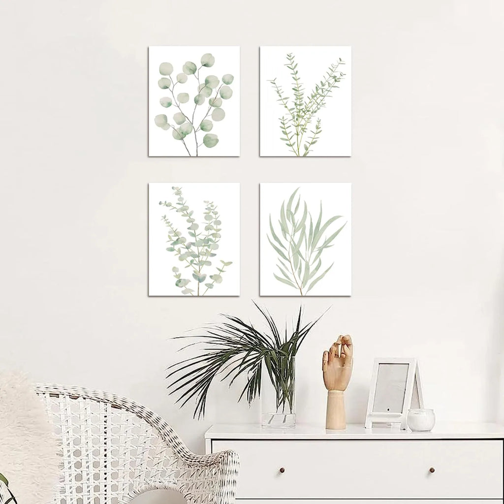 Set of four botanical plant canvas wall art prints in boho style, framed home decor by Nova Mart, 8x10 inches.