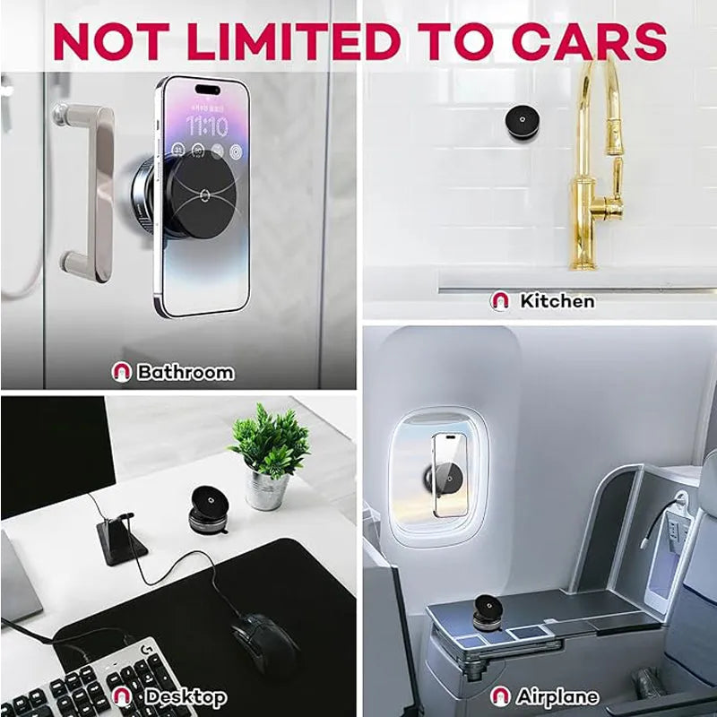 Nova Mart car phone holder with 360° adjustable mount, vacuum suction, and 20X magnets for secure smartphone placement.