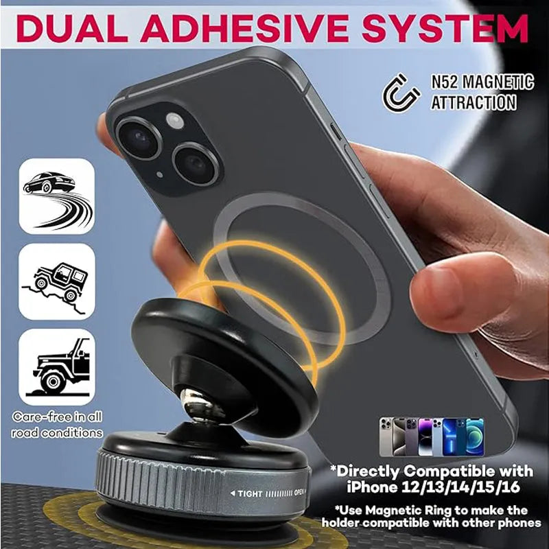 Nova Mart car phone holder with 360° adjustable mount, vacuum suction, and 20X magnetic attachment for secure smartphone placement.