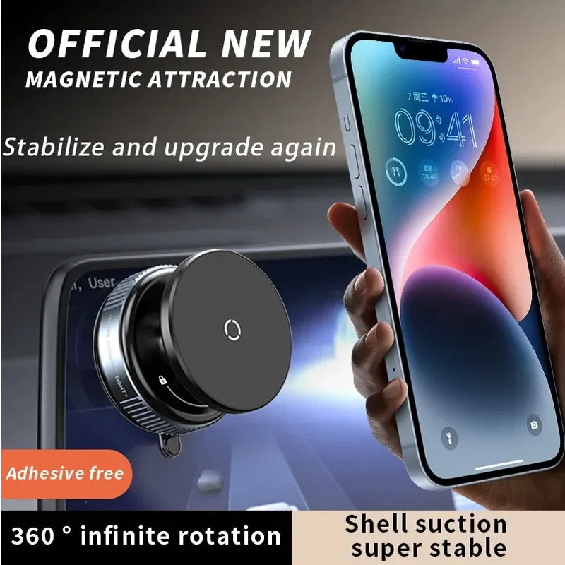 Nova Mart car phone holder with 360° adjustable mount, vacuum suction, and 20X magnetic strength for secure device grip.