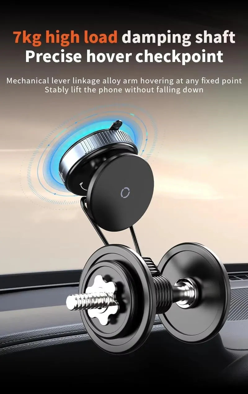 Nova Mart car phone holder with 360° adjustable mount, vacuum suction, and 20X magnets for secure smartphone attachment.