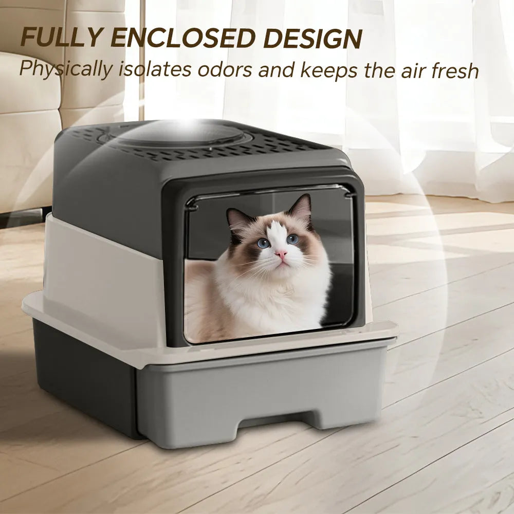 Nova Mart cat litter box with flip door, anti-splash design, and odor lock for easy and hygienic pet waste management.