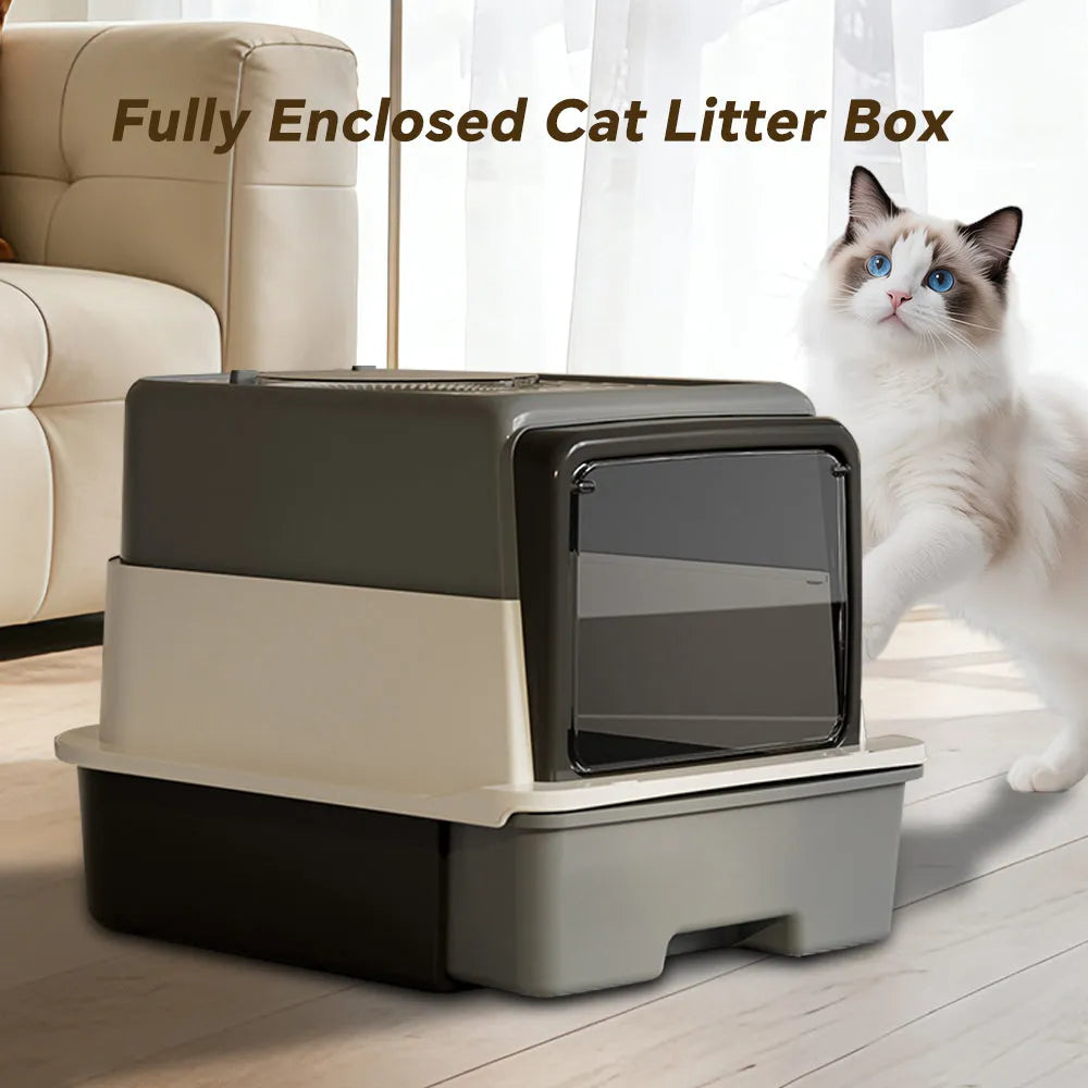 Nova Mart cat litter box with flip door, anti-splash design, and odour lock for pet care.