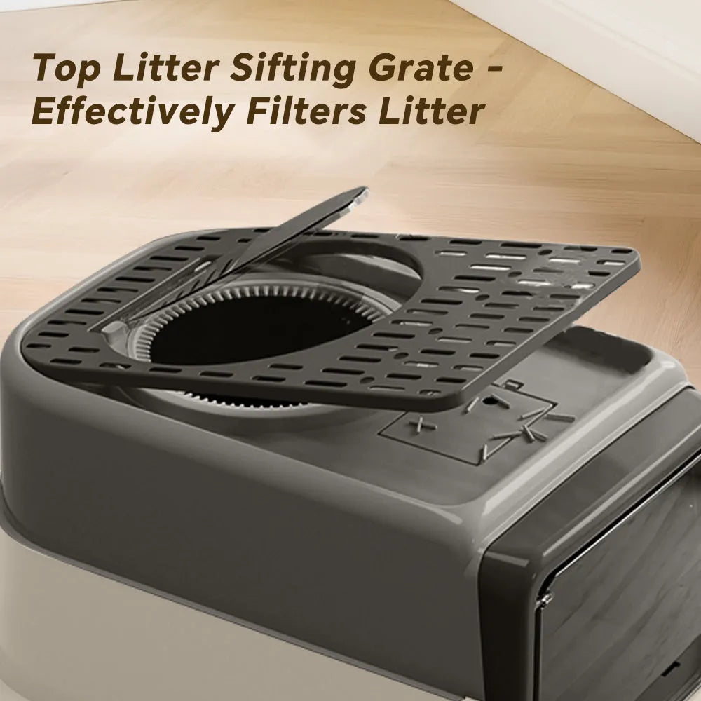 Nova Mart cat litter box with flip door, anti-splash features, and odour lock for clean and odor-free pet care.