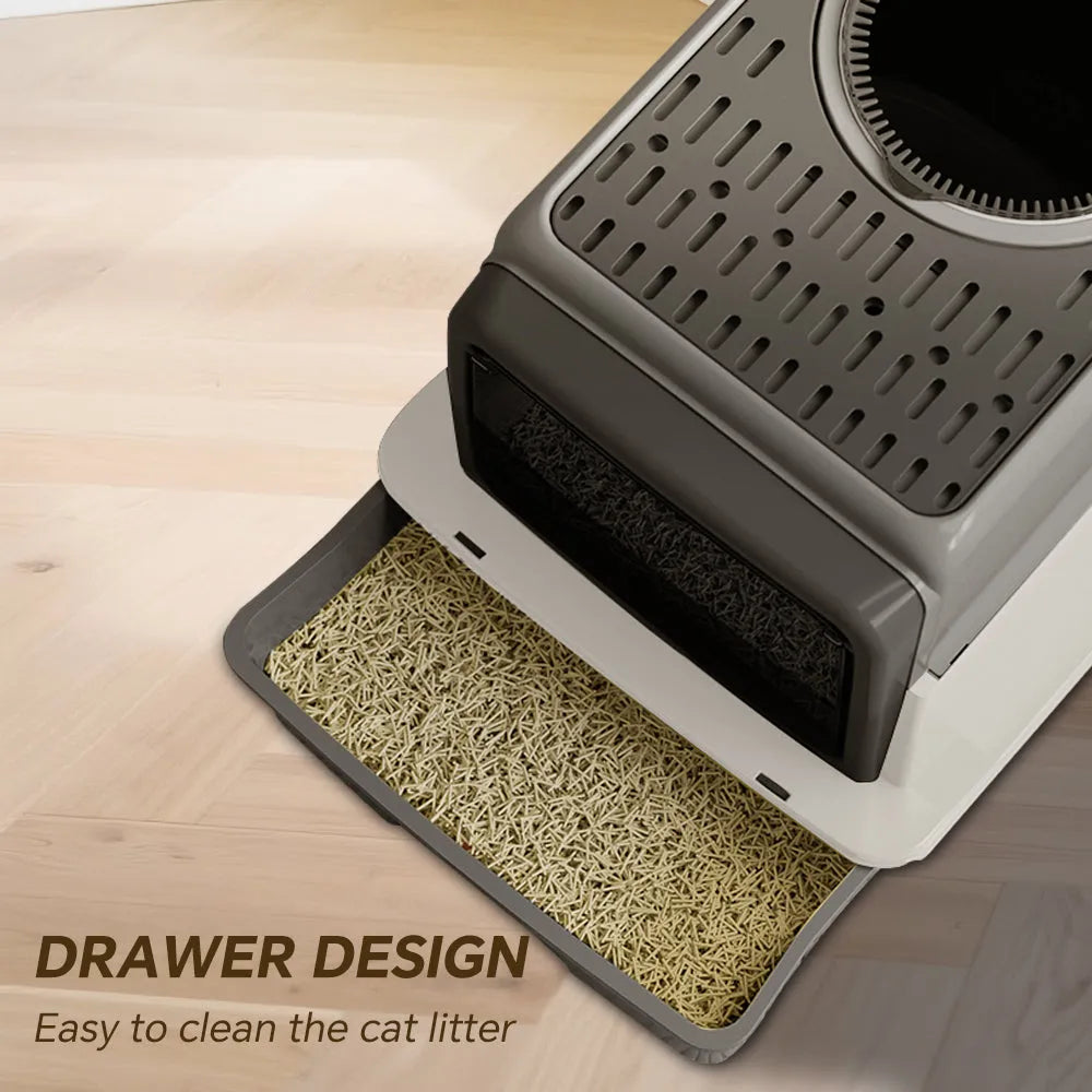 Nova Mart cat litter box with flip door, anti-splash design, and odour lock for pet care, featuring a clean, enclosed litter box.