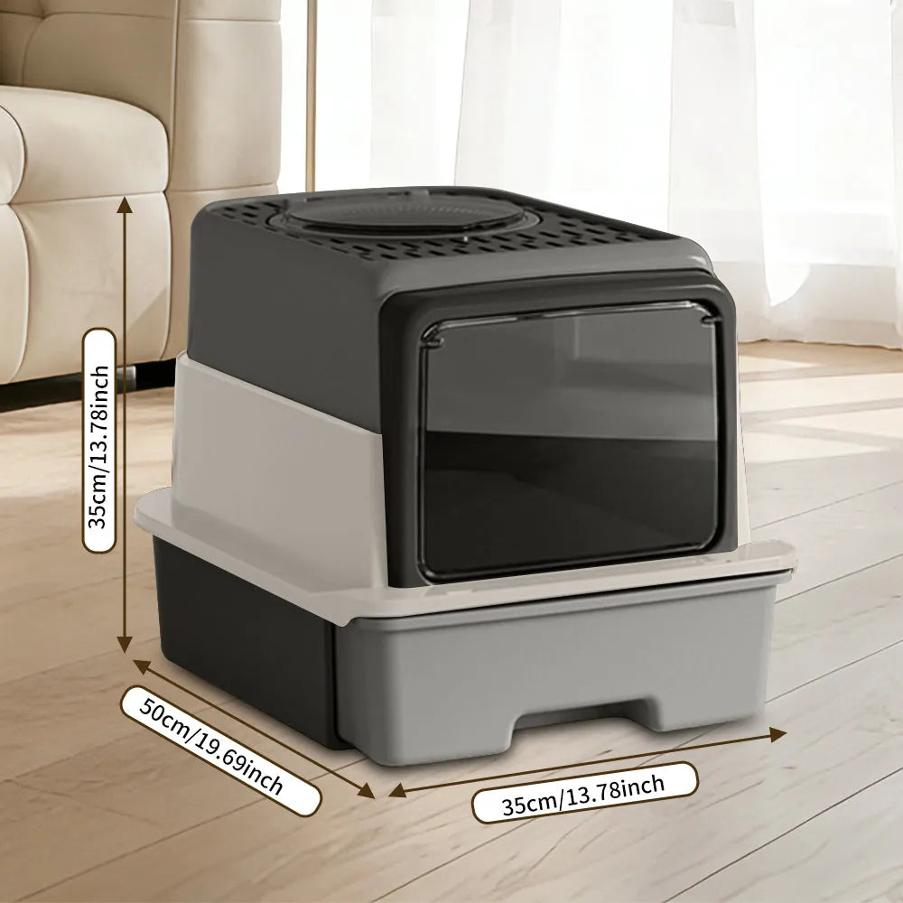 Nova Mart cat litter box with flip door, anti-splash design, and odour lock for clean pet care.