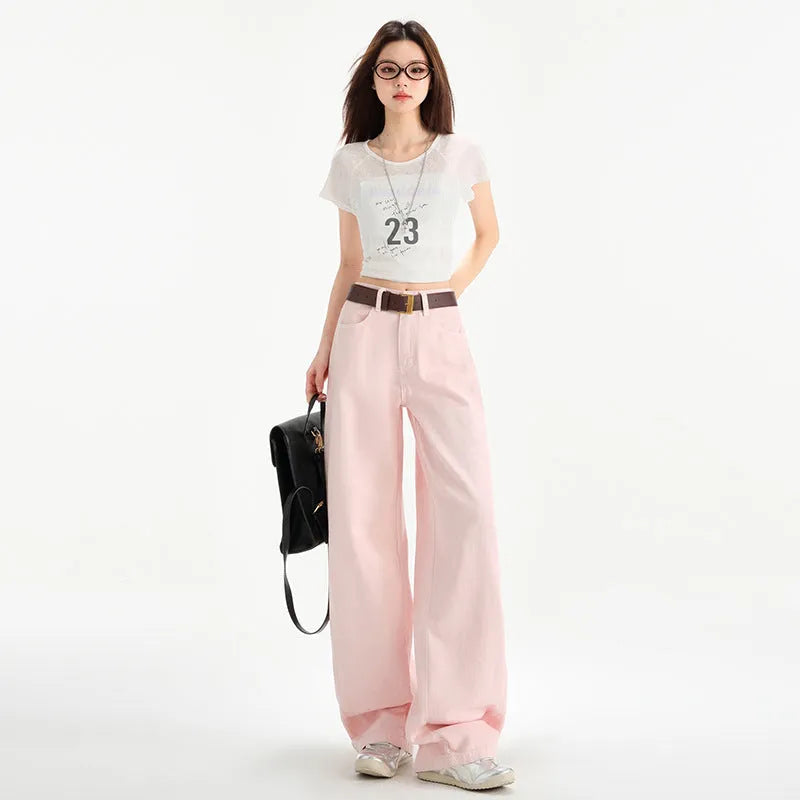 Cherry Blossom Wide-Leg Mop Jeans by Nova Mart featuring light wash denim and relaxed fit with wide legs.