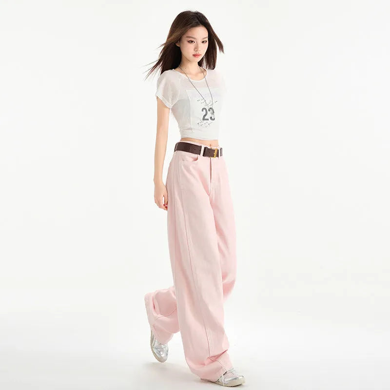 Nova Mart Cherry Blossom Wide-Leg Mop Jeans showing denim fabric, wide-leg cut, and cherry blossom design on the jeans.