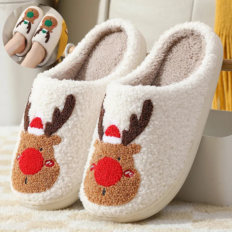 Christmas Elk Nova Mart cozy slippers with soft plush material, perfect for comfortable bedroom footwear during the holiday season.
