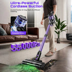 Nova Mart 10-in-1 cordless stick vacuum cleaner with 55Kpa suction and 500W motor, shown with removable attachments.