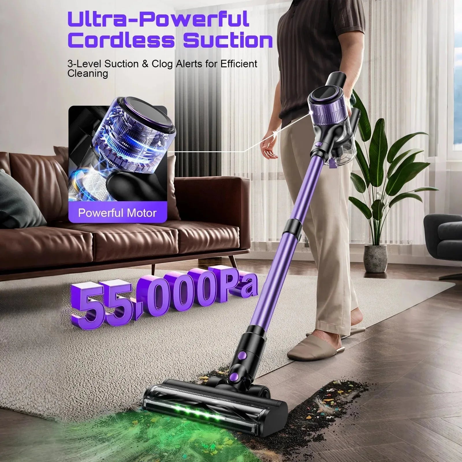 Nova Mart 10-in-1 cordless stick vacuum cleaner with 55Kpa suction and 500W motor, shown with removable attachments.