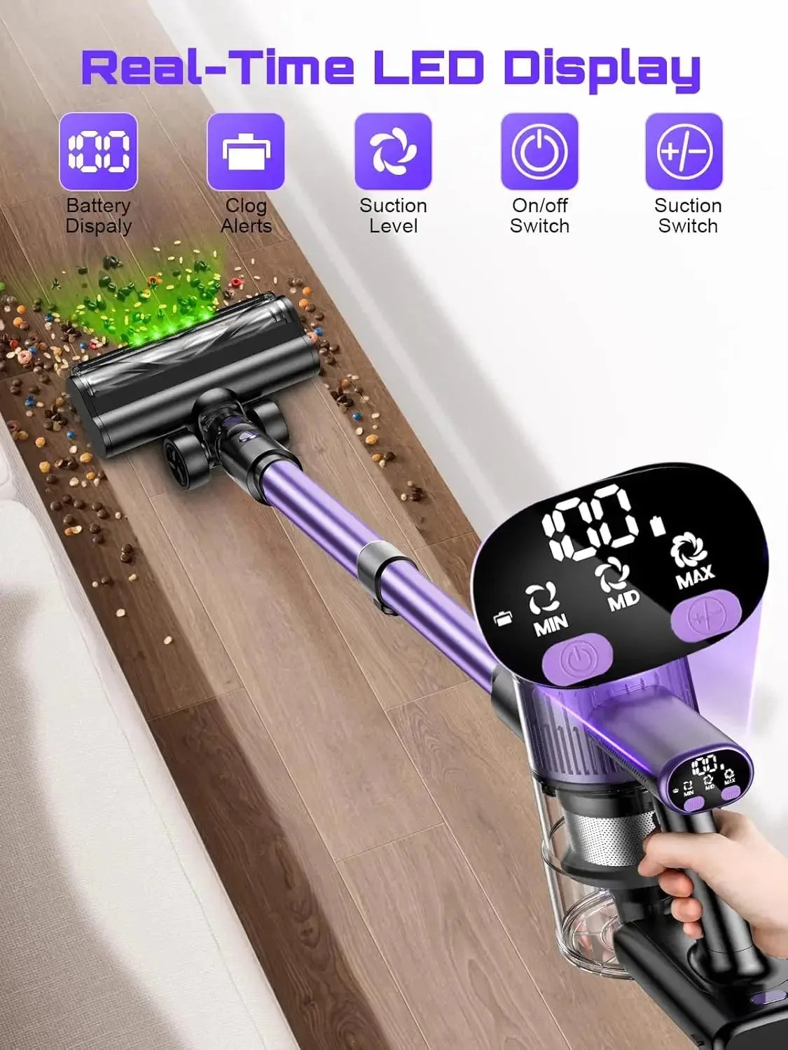 Nova Mart 10-in-1 cordless stick vacuum cleaner with 55Kpa suction and 500W power, shown with detachable components and cleaning head.