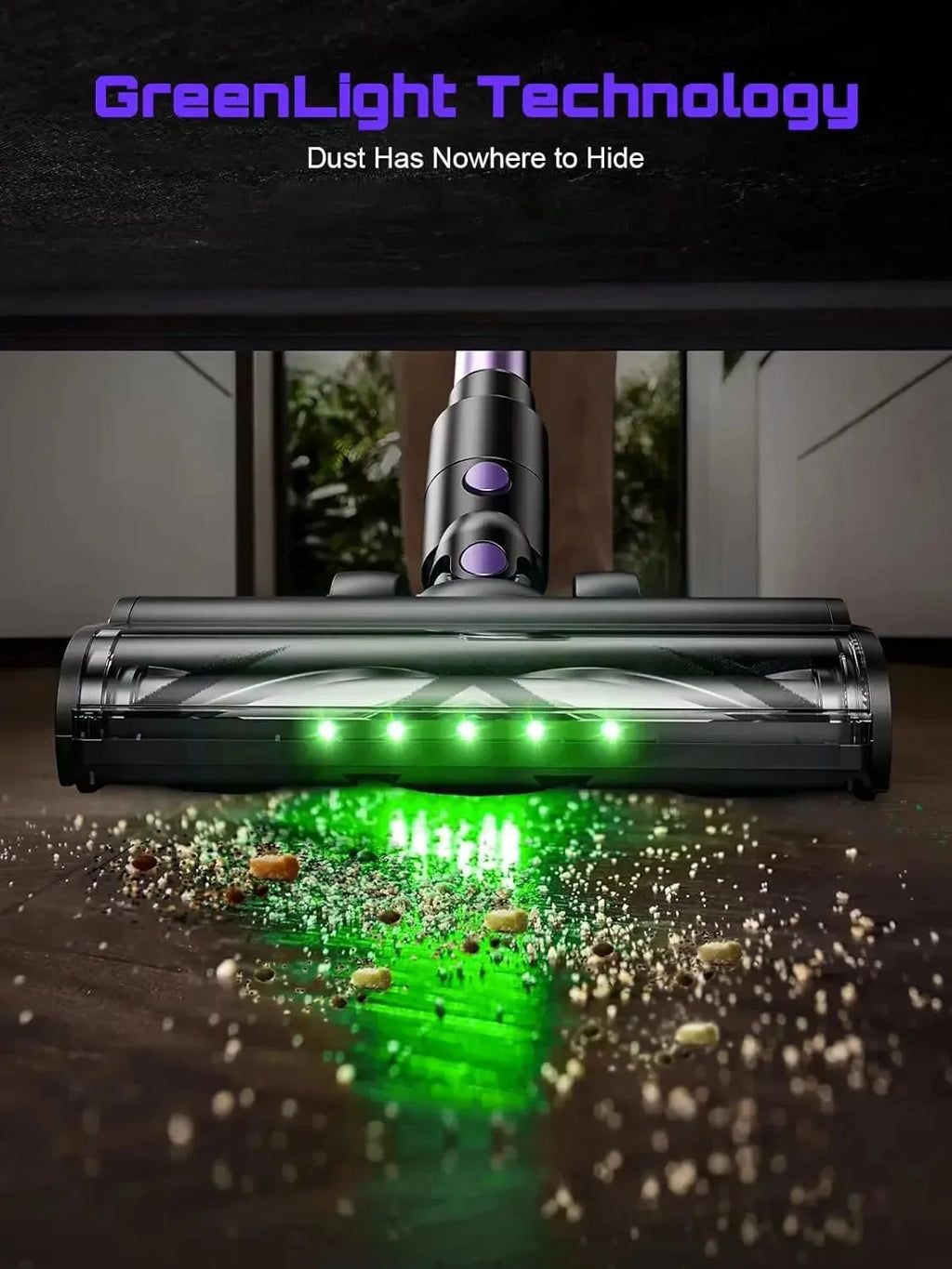 Nova Mart 10-in-1 cordless stick vacuum cleaner with 55Kpa suction and 500W motor, shown in a modern home setting