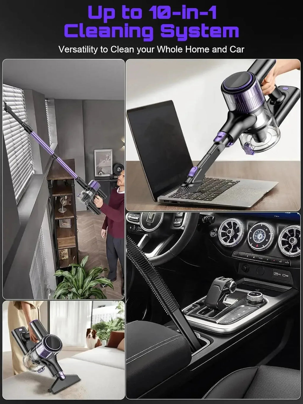 Nova Mart 10-in-1 cordless stick vacuum cleaner with 55Kpa suction and 500W motor, shown in a modern cleaning setting.