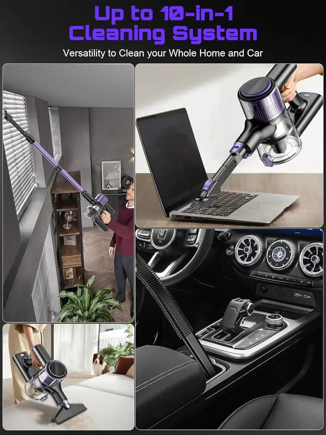Nova Mart 10-in-1 cordless stick vacuum cleaner with 55Kpa suction and 500W motor, shown in a modern cleaning setting.