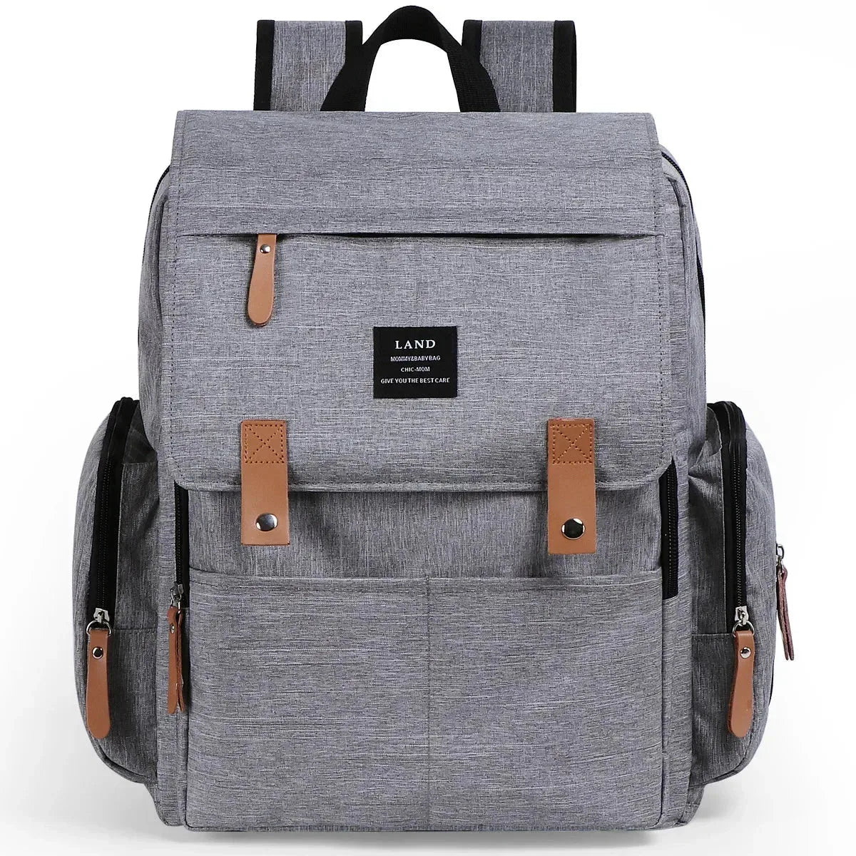 Nova Mart denim baby diaper bag backpack with thermal bottle pocket, featuring multiple compartments and adjustable straps.