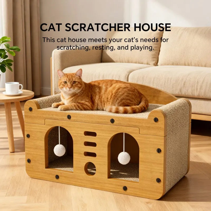 Large Nova Mart double door cat scratcher sofa in beige, 56cm wide with scratching surfaces and cozy lounging space for cats.