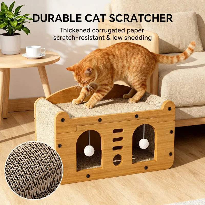 Large Nova Mart double door cat scratcher sofa with textured surfaces and cozy interior, designed for cats to scratch and relax.