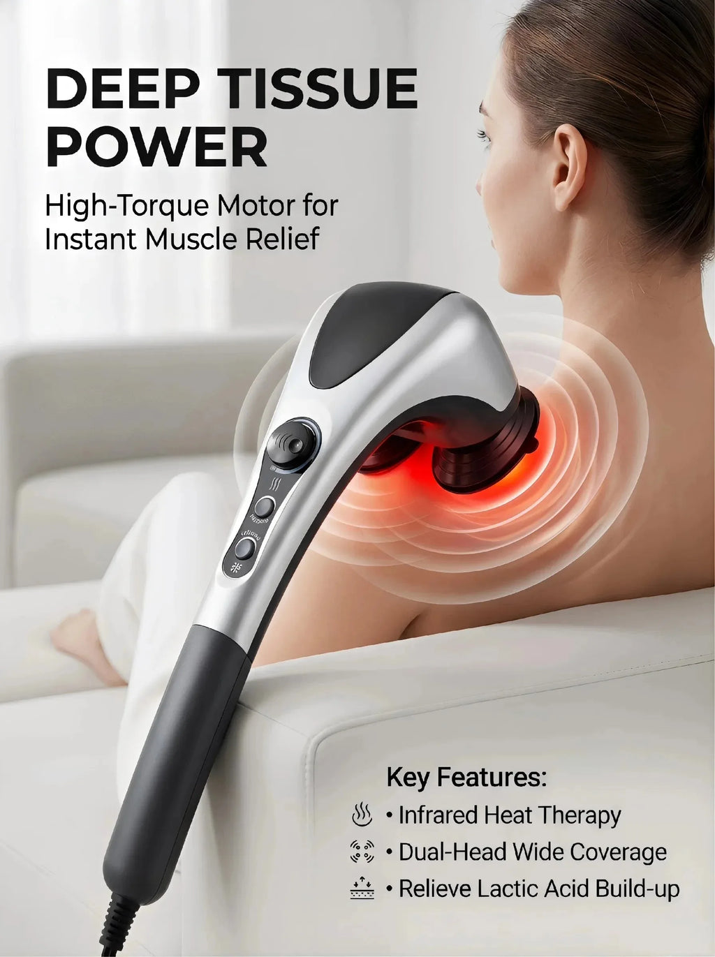 Dual-head electric massager from Nova Mart with infrared heat and adjustable speed controls, shown in use.