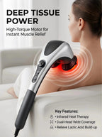 Dual-head electric massager from Nova Mart with infrared heat and adjustable speed controls, shown in use.