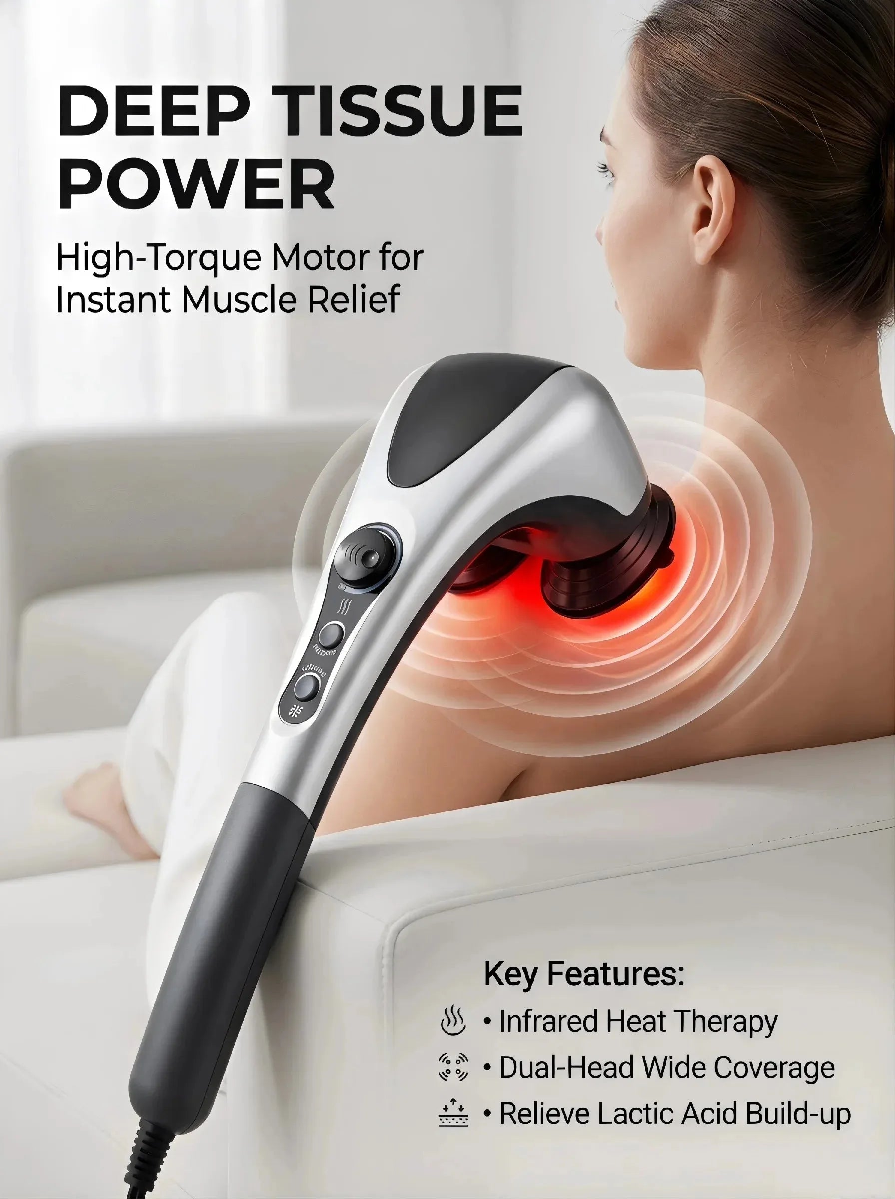 Dual-head electric massager from Nova Mart with infrared heat and adjustable speed controls, shown in use.