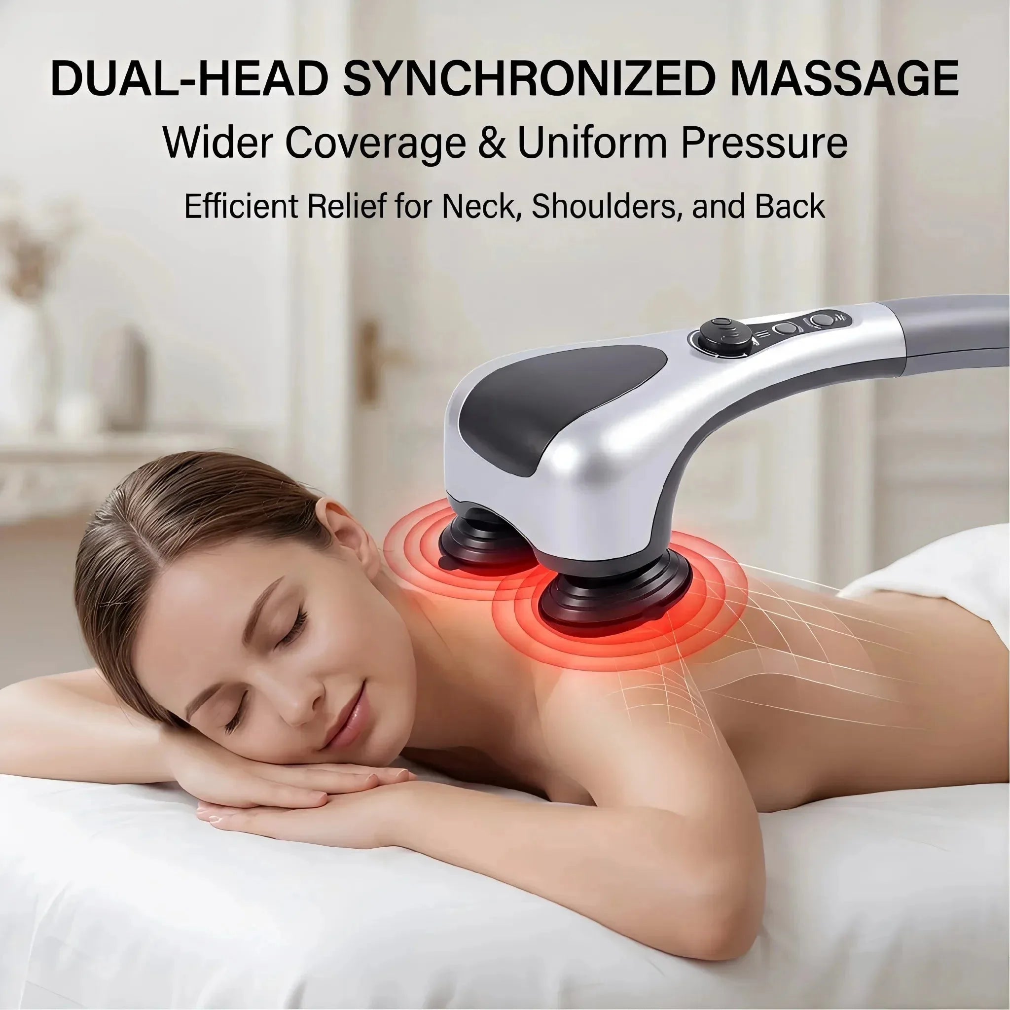 Dual-head electric massager with infrared heat and speed control from Nova Mart, showing the sleek device and control buttons.