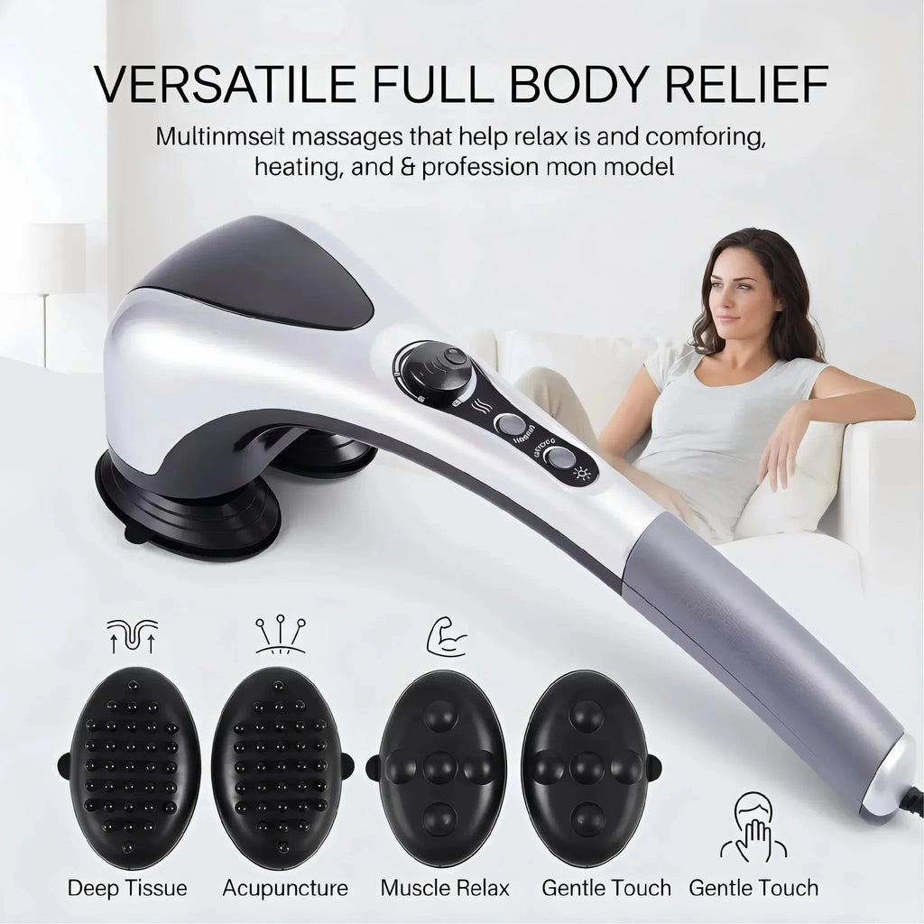 Dual-head electric massager with infrared heat and speed control from Nova Mart, showing the device with adjustable settings.