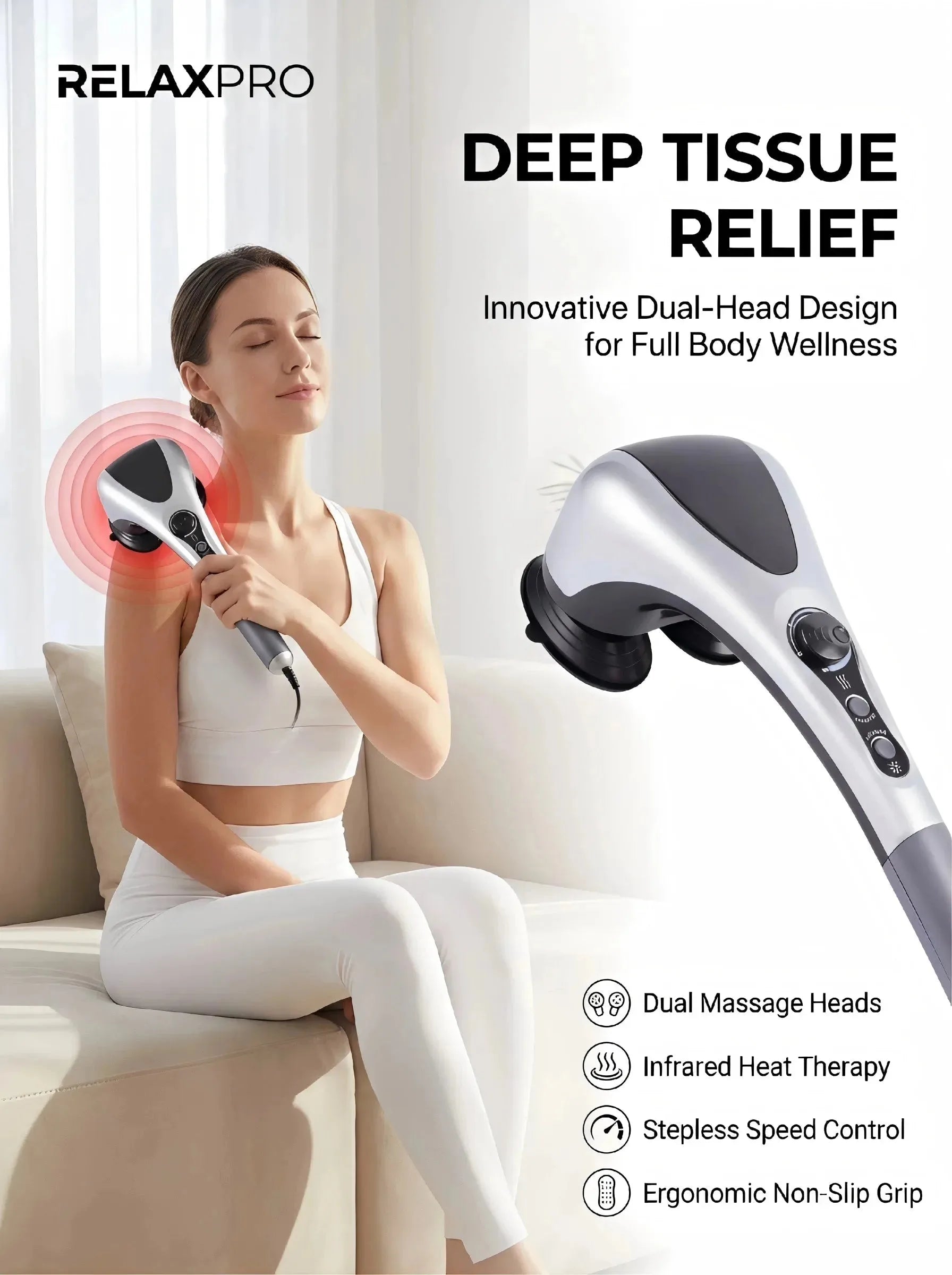Dual-head electric massager with infrared heat and speed control from Nova Mart, showing the device with adjustable settings.