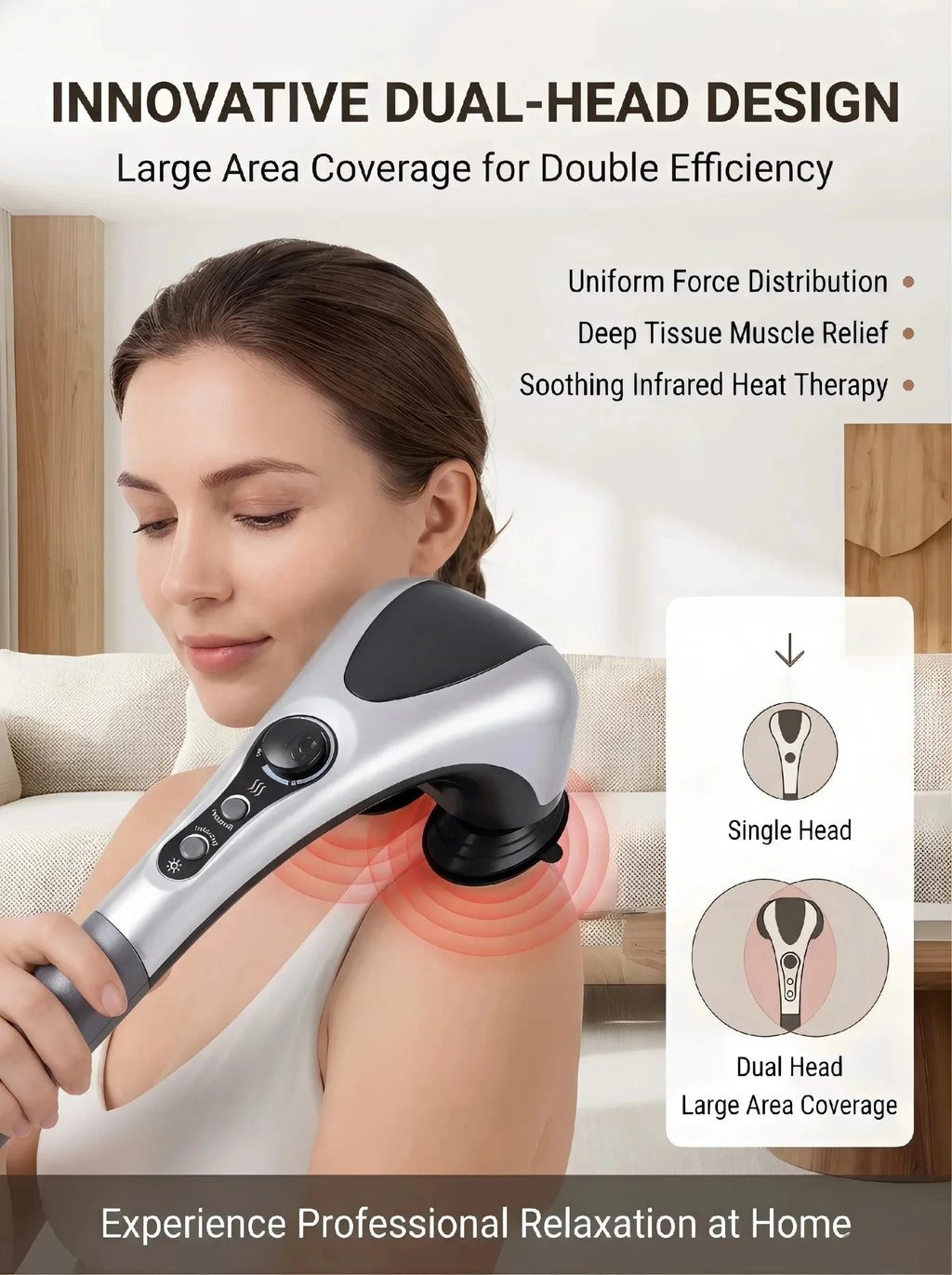 Dual-head electric massager with infrared heat and speed control, designed for relaxing muscle relief from Nova Mart.
