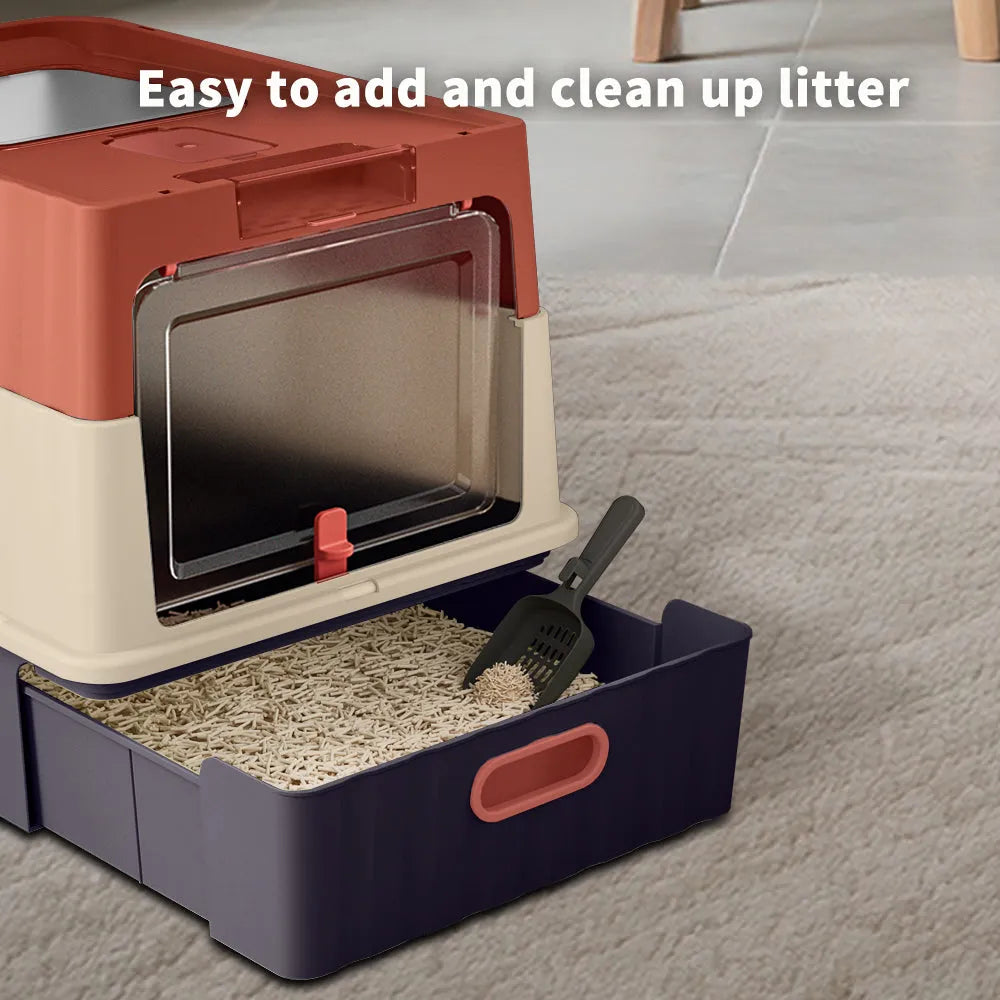 Fully enclosed dual opening cat litter box by Nova Mart, designed for pet care, with access doors on both sides.
