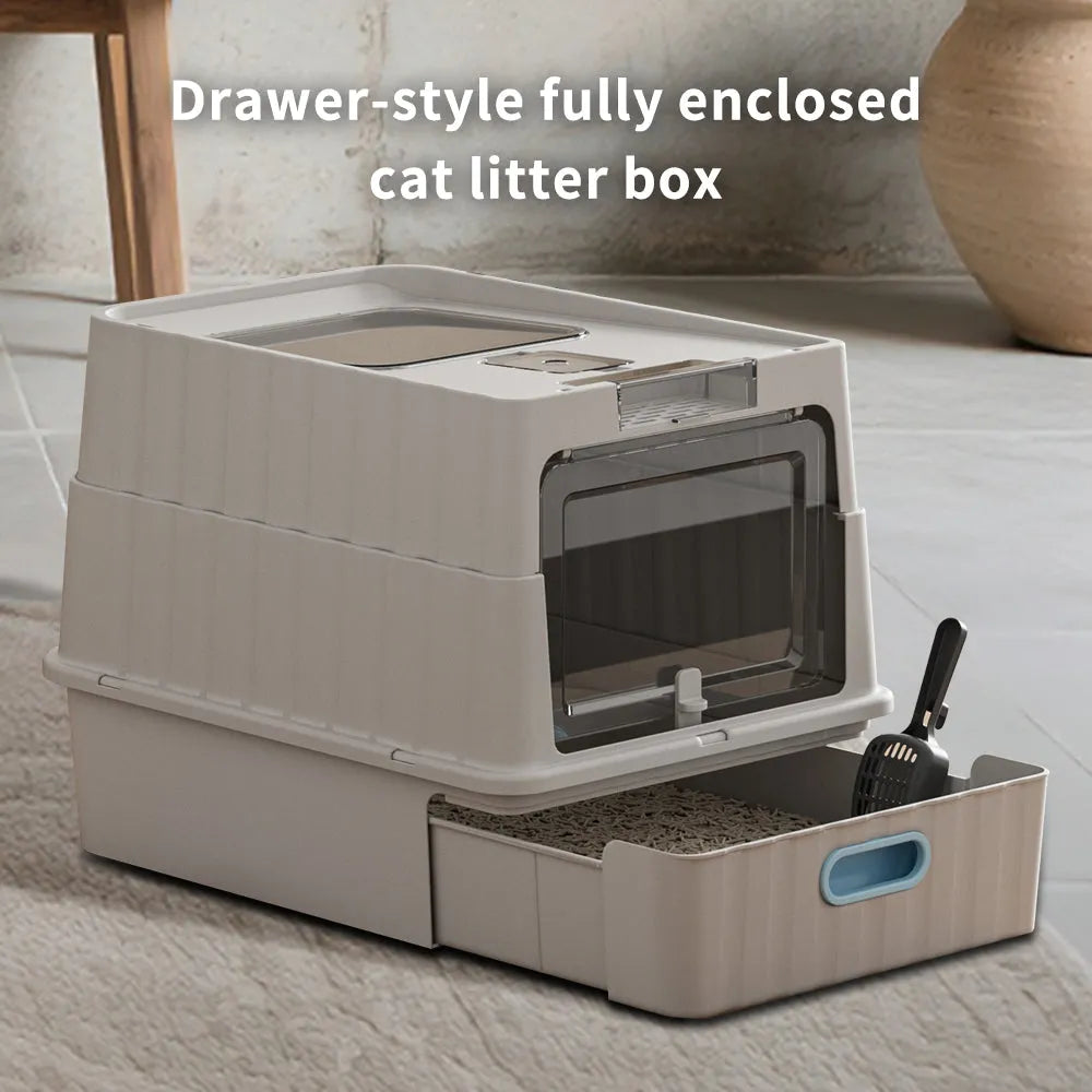 Nova Mart dual opening fully enclosed cat litter box with side doors and a top opening for easy cleaning and odor control.