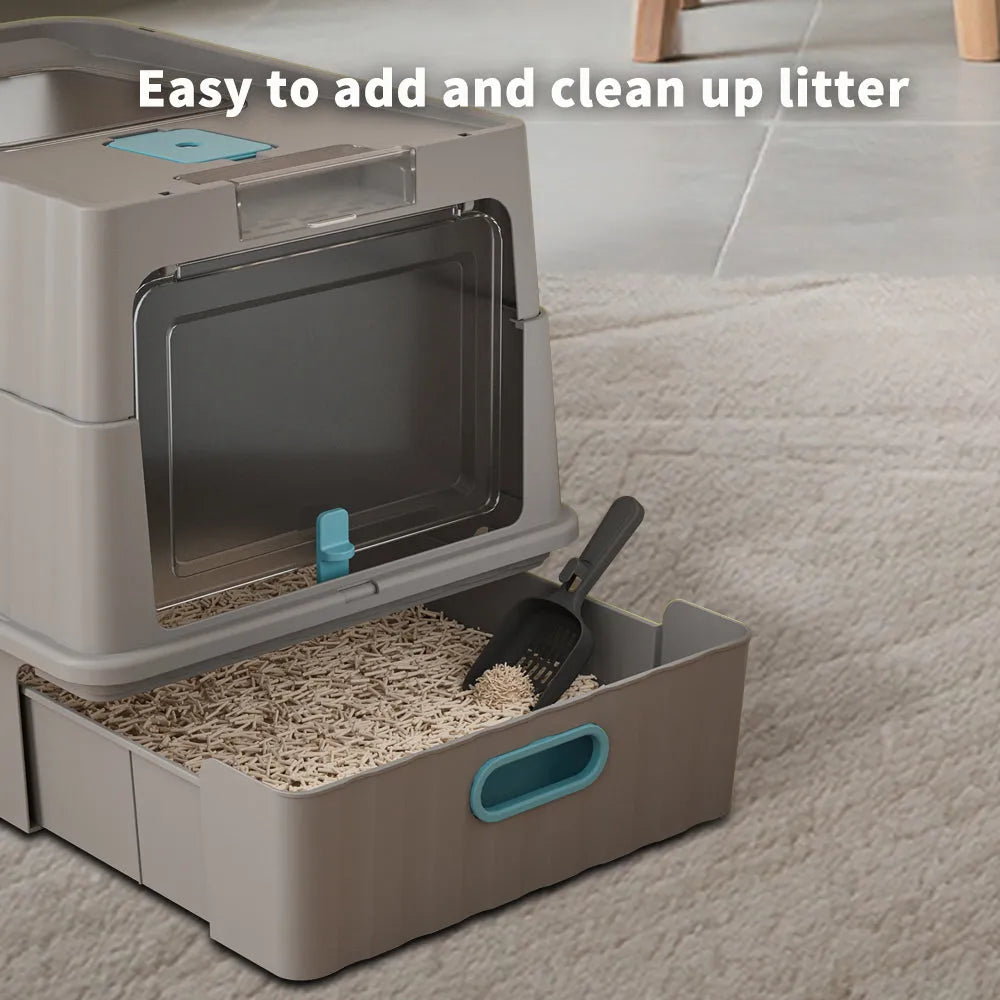 Fully enclosed dual opening cat litter box by Nova Mart with side doors and high sides for pet hygiene and odor control.