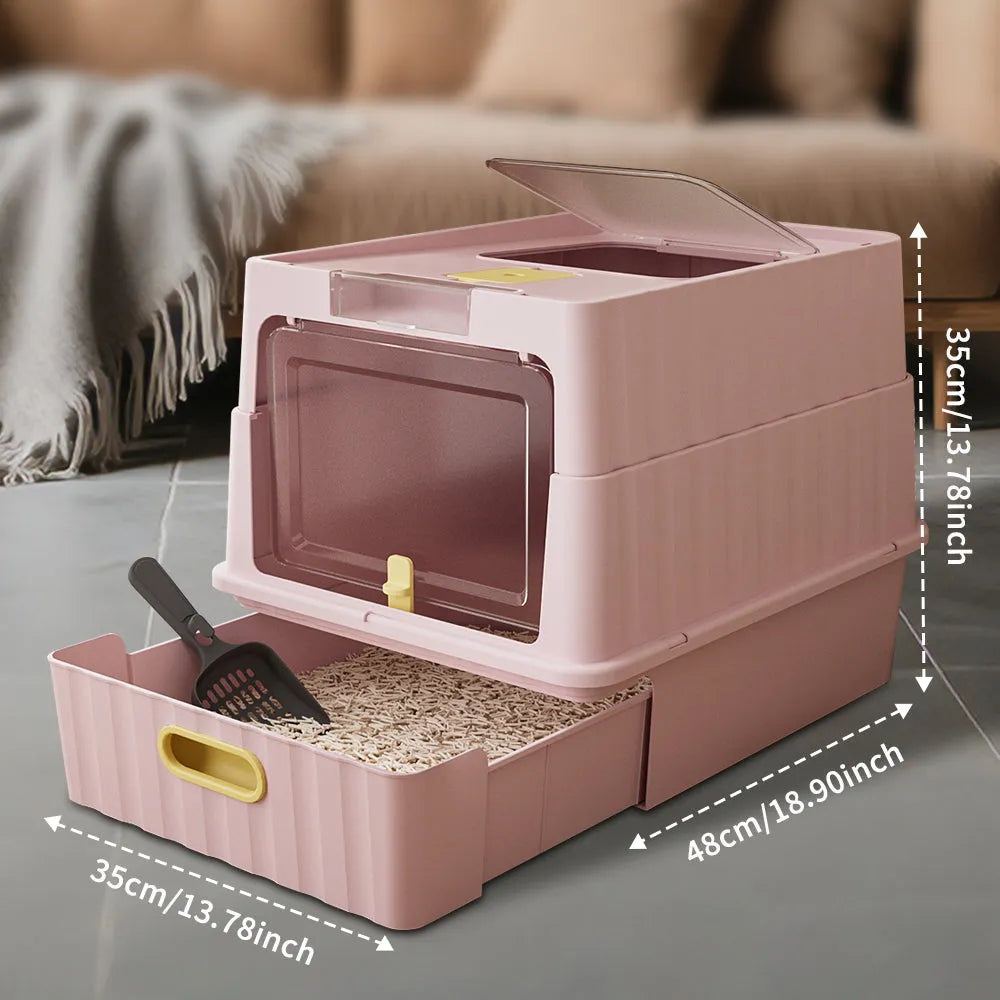 Fully enclosed dual opening cat litter box by Nova Mart, with a privacy hood and entrances for easy access and cleaning.