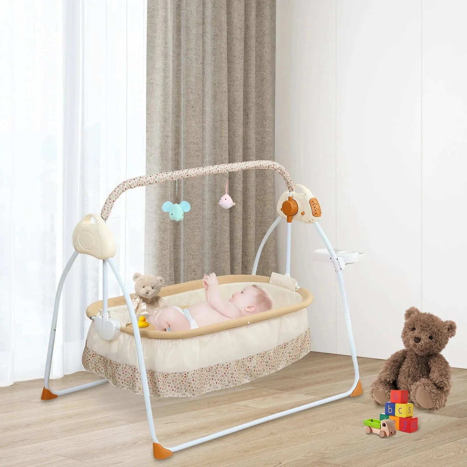 Electric baby cradle with music and remote control, foldable bassinet from Nova Mart, featuring a soft, cozy sleeping environment for infants.