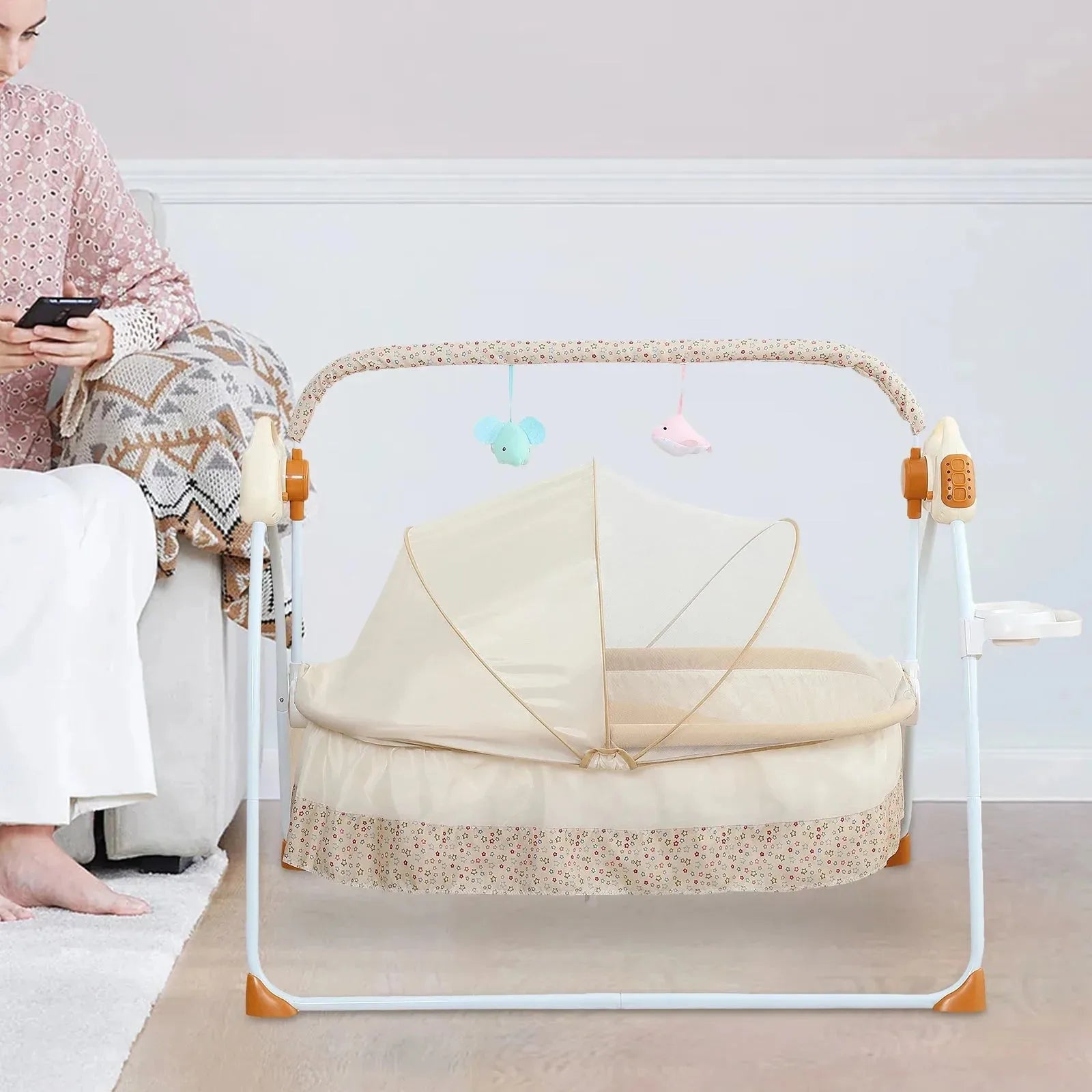 Electric baby cradle by Nova Mart with music, remote control, foldable bassinet for comfortable infant sleeping.