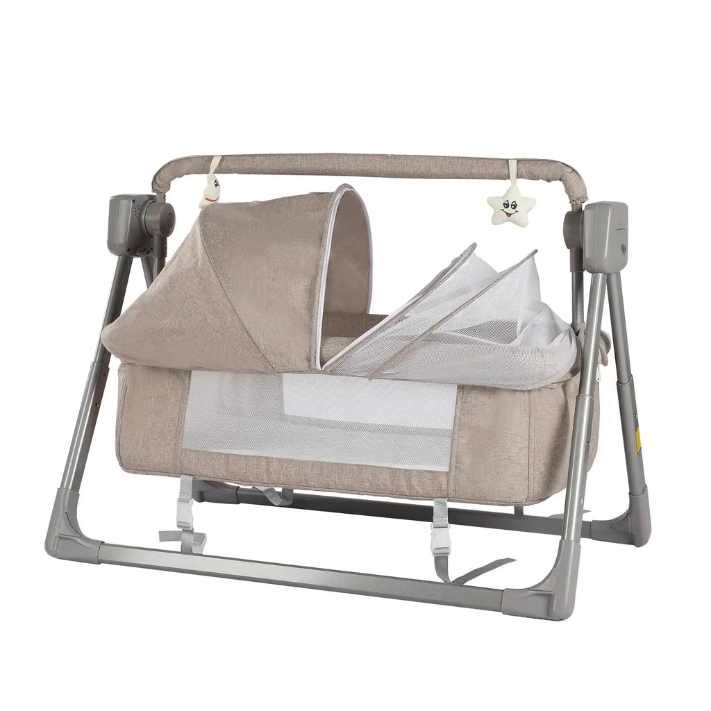 Electric baby cradle swing by Nova Mart with Bluetooth, remote control, designed for infants 0-36 months, shown in the image.