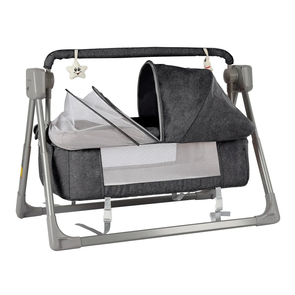 Electric baby cradle swing by Nova Mart with Bluetooth and remote control, suitable for infants aged 0-36 months.