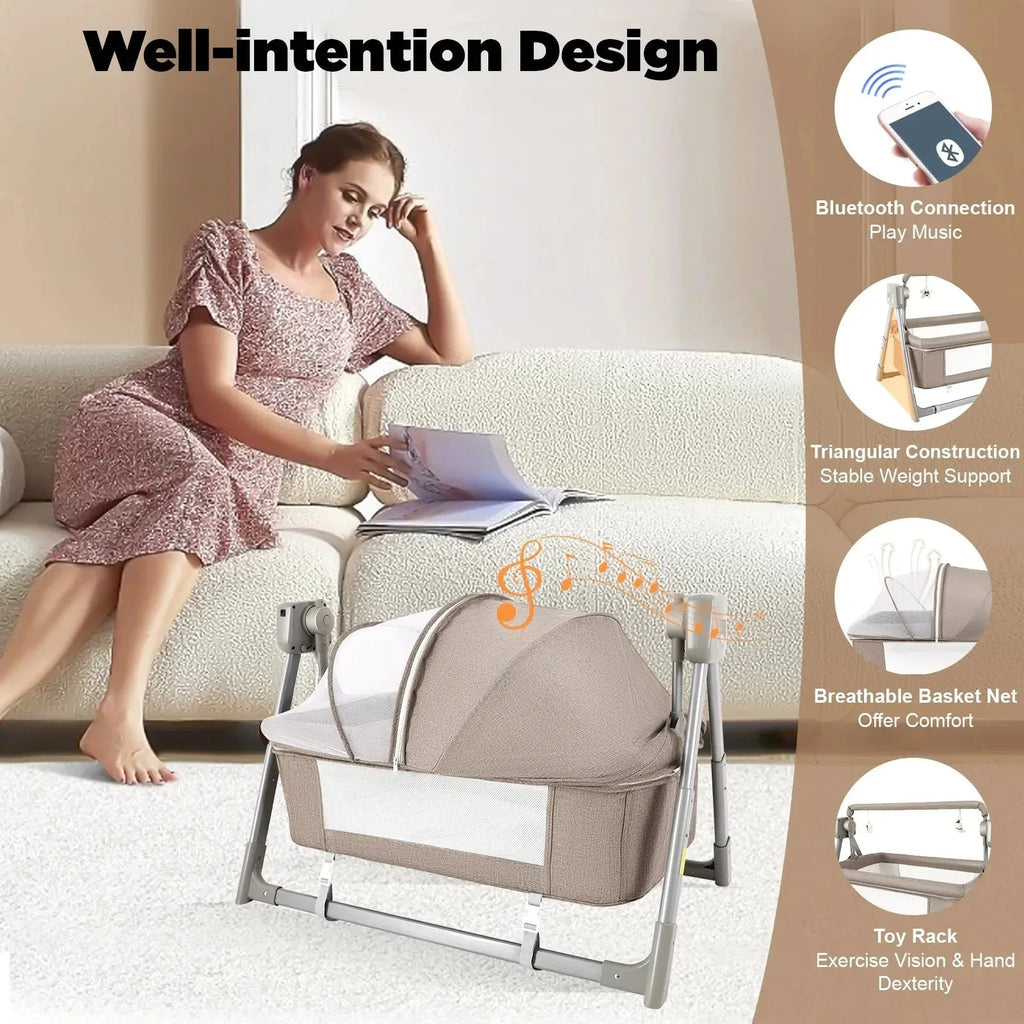 Electric baby cradle swing by Nova Mart with Bluetooth, remote control, suitable for infants 0-36 months, featuring a comfortable seat.