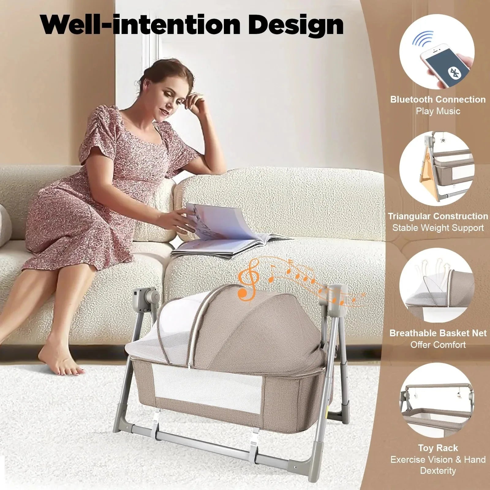 Electric baby cradle swing by Nova Mart with Bluetooth, remote control, suitable for infants 0-36 months, featuring a comfortable seat.