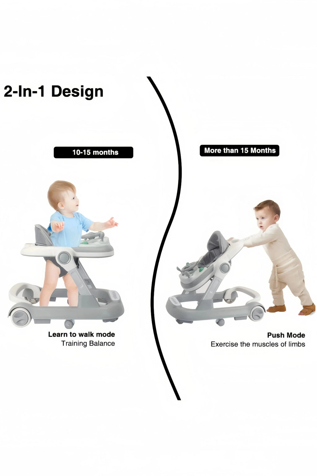 Foldable baby activity walker with feeding tray and music tray by Nova Mart, showing the walker with colorful features and safety straps.