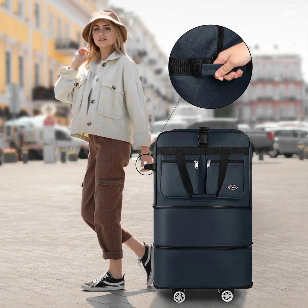 Foldable expandable Nova Mart rolling luggage bag in 30", 36", or 40" size with wheels and handle for easy travel.