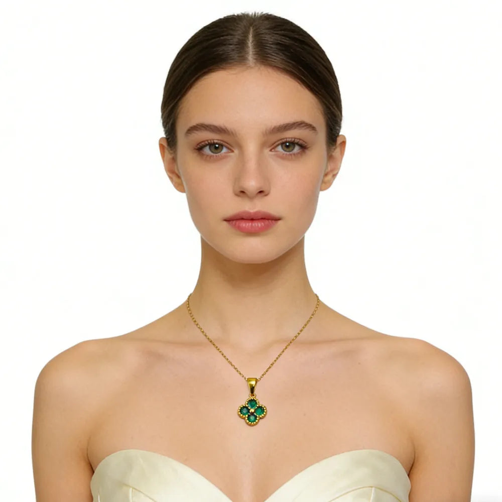 Green 4-leaf clover pendant necklace with 24K gold finish, crafted for lucky jewelry by Nova Mart.