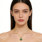 Green 4-leaf clover necklace by Nova Mart featuring a 24K gold lucky pendant on a delicate chain.