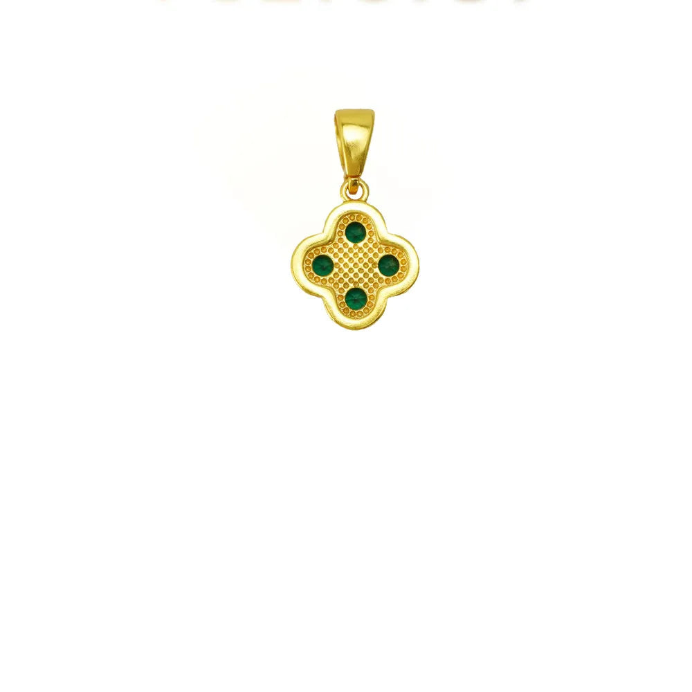 Gold 24K green four-leaf clover necklace with lucky pendant, jewelry piece featuring a detailed clover design.